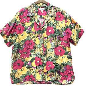 Bogari 100% Silk Shirt Women's M Medium Relaxed Floral Hawaiian Aloha Blouse Top
